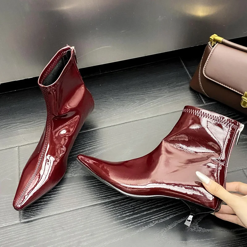 Eilyken New Design Patent Leather Pointed Toe Women Ankle Boot Autumn Winter Zipper Thin Low Heels Wedding Party Shoes d239