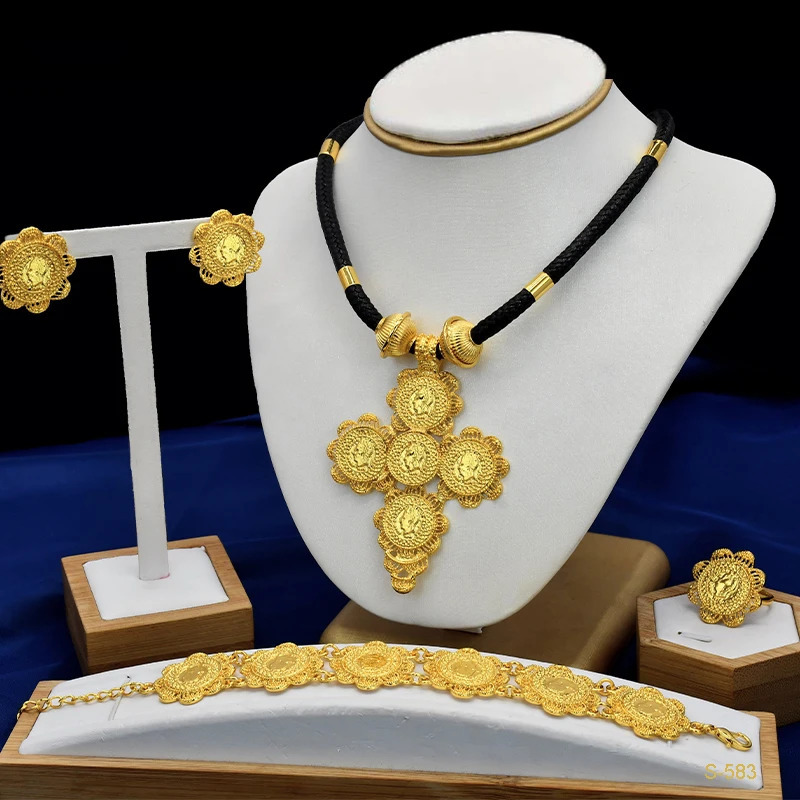 ANIID Indian Black Rope Set 24k Gold Color Coin Charm Jewelry Sets for Women Ethiopian Engagement Necklace Set Arab Party Gifts 240903