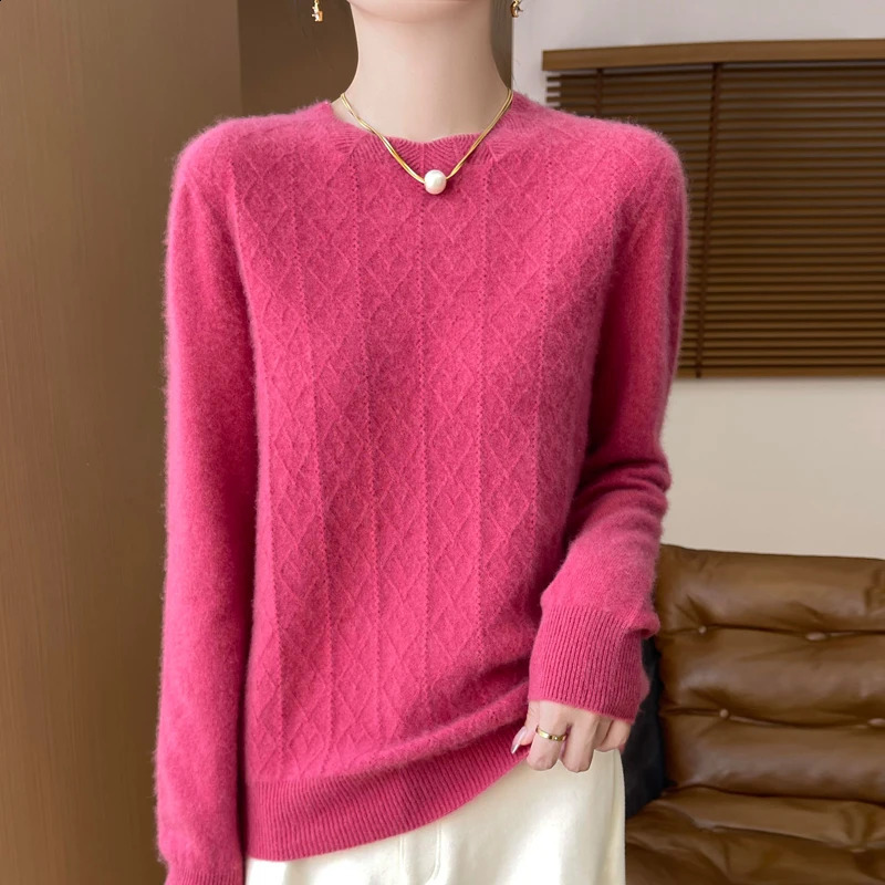 FallWinter Womens Sweater 100% Pure Wool Lotus Collar Solid Color Loose Knitted Cashmere Pullover 240904
