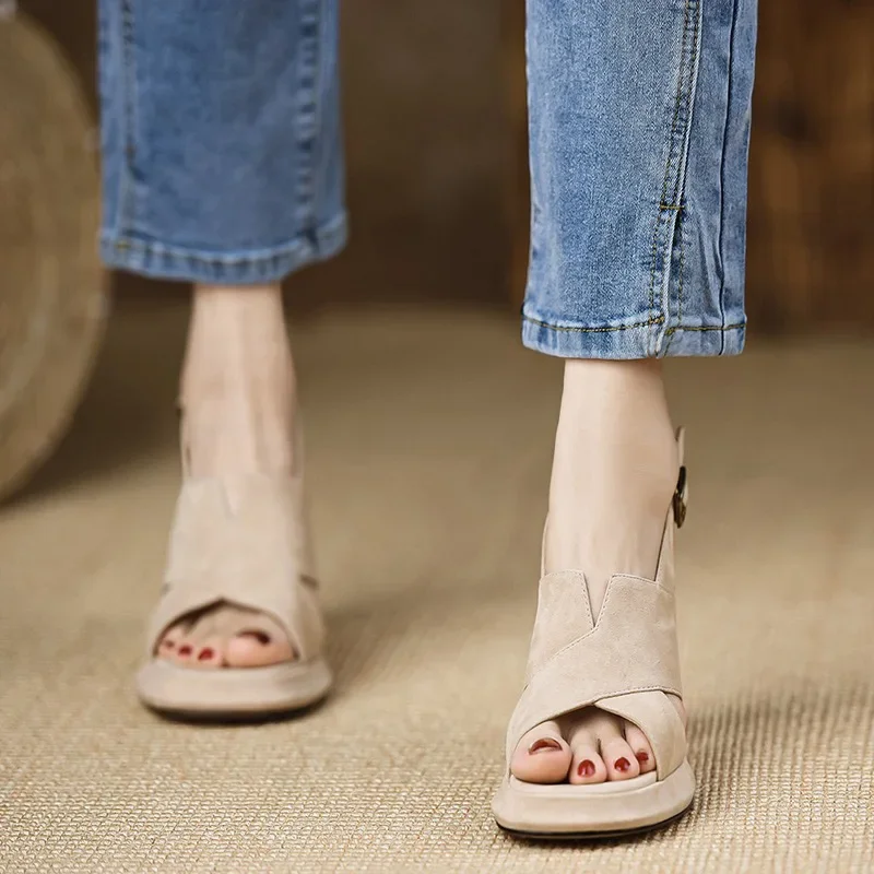 Women Heels Sandals Square Toe Thick Heeled Pumps Elegant Back Strap Black Leather Shoes 39 40 Sizes Outside 7924