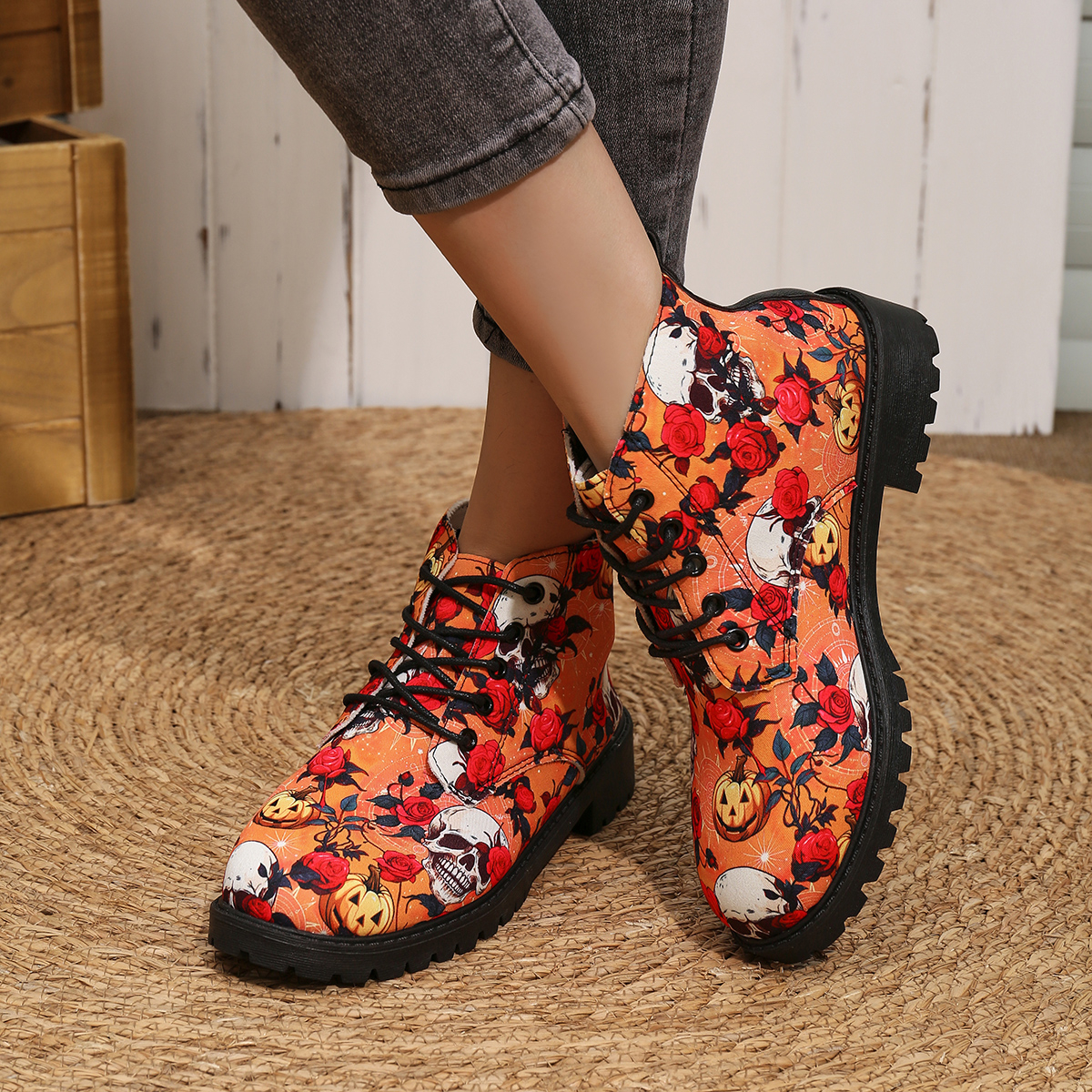 Head Skull Short Women's 2024 Autumn Winter New Halloween Personalized Trend 3D Printed Work Boots Casual Shoes 45e2