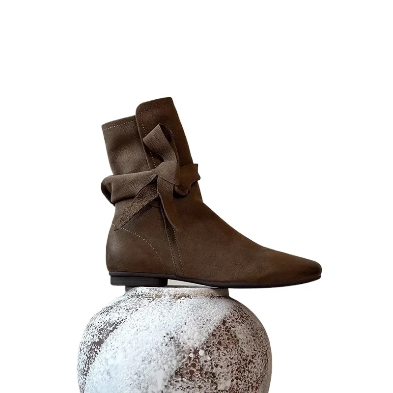 Women Leather Handmade High Quality Flats Army Green Short Boots with Strap Bow-tie Shoes Autumn Winter