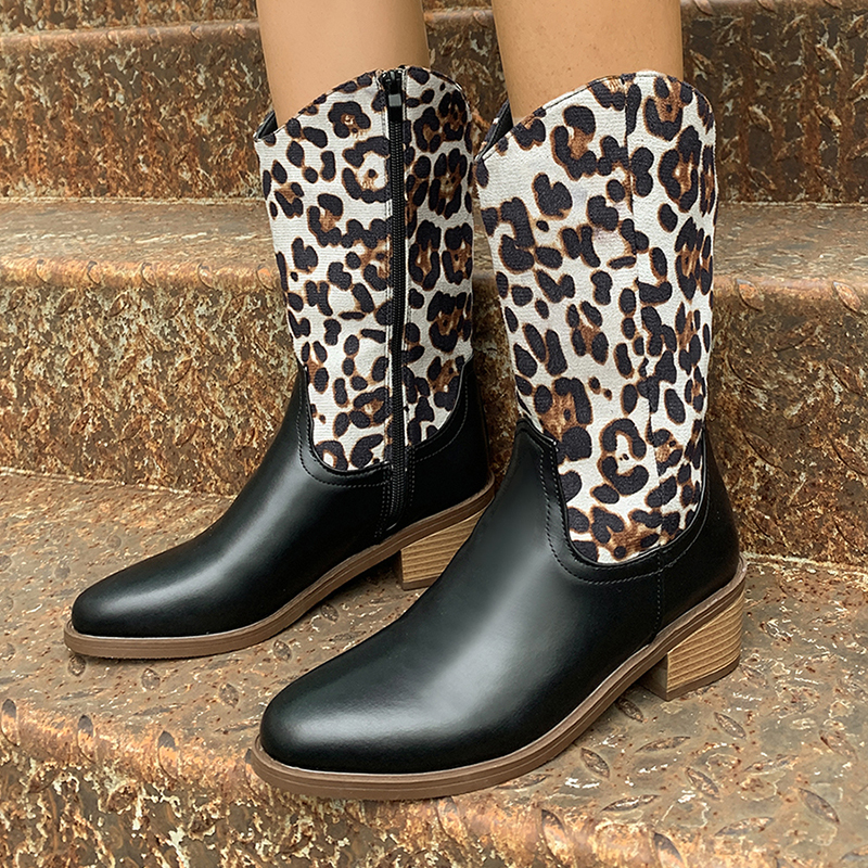 Leopard Sexy Women's Pointed Toe Mid-Calf Boots Patchwork Thick Heel Pu Leather Plus Size 43 Autumn Winter Catwalk Ladies Shoes 1ea5