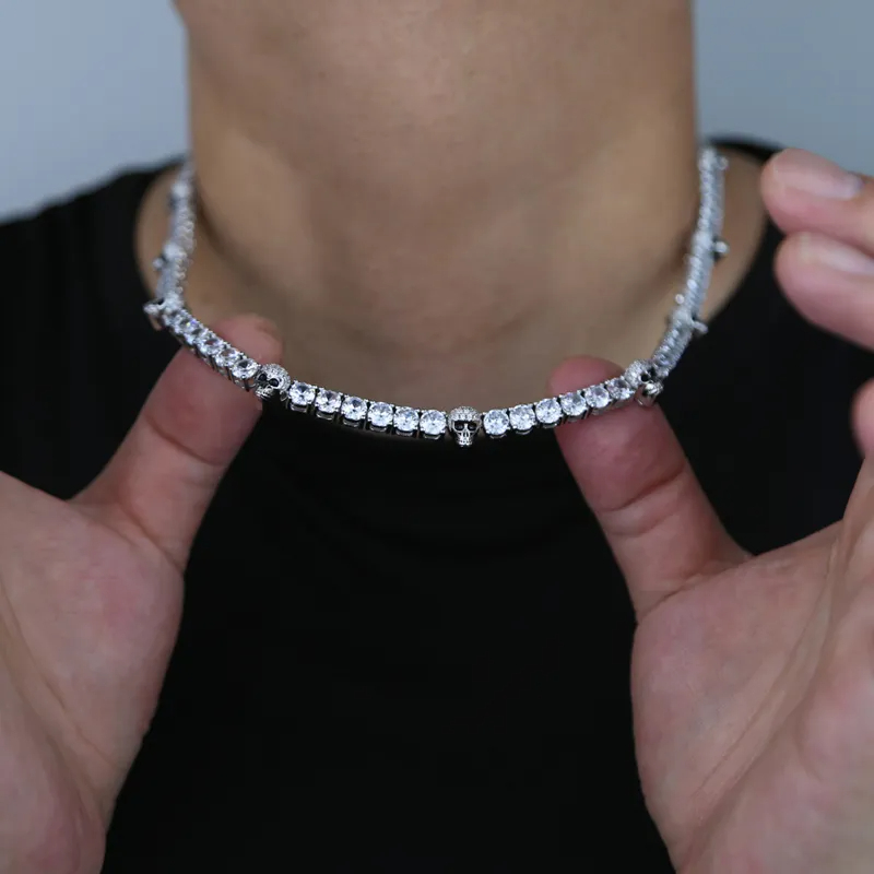 New Fashion 5mm Moissanite dias Tennis Chain with Cool Skull Pendant Long Necklace for Men Women Boy Hip Hop Jewelry Gift