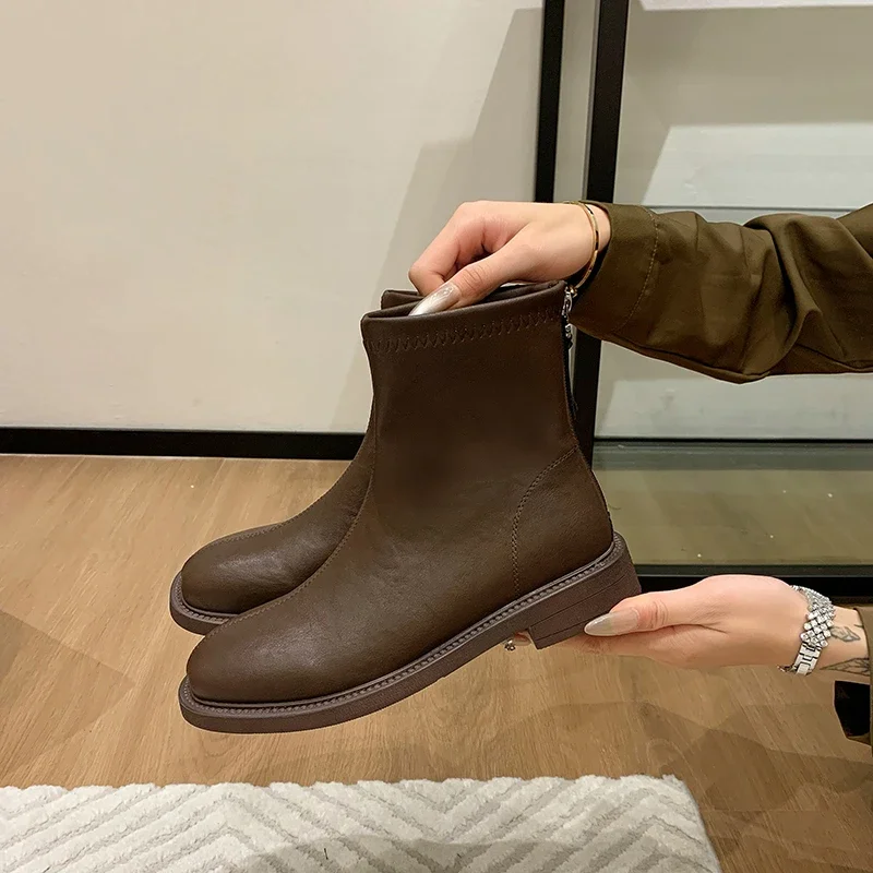 Shoes White Mid-Calf Boots Silver Boots-Women Low Leather Mid Calf Pointy Rock Ladies Autumn 2024 Rubber Pointed Toe Slip-On Ro