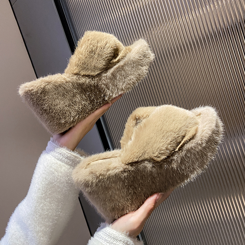 Autumn and Winter New Fashion Platform Slippers for Women Round Head Open Toe Fur Thickened Warm Wedge Cotton Sandals