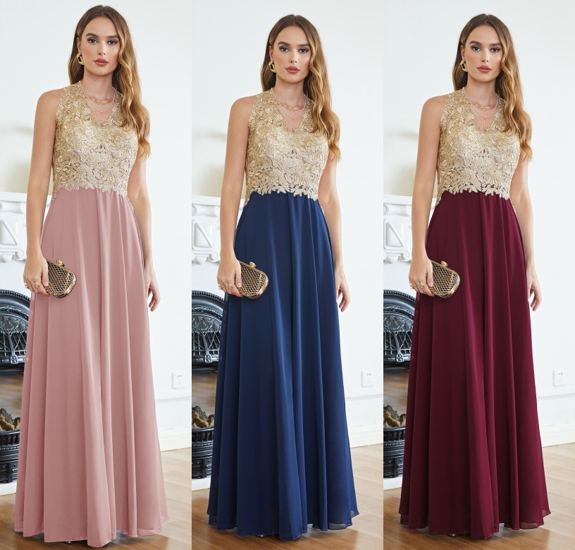 Elegant A E Chiffon Evening Dresses Gold Appliques Top V Neck Sheer Zipper Back Long Prom Party Gowns CPS1452