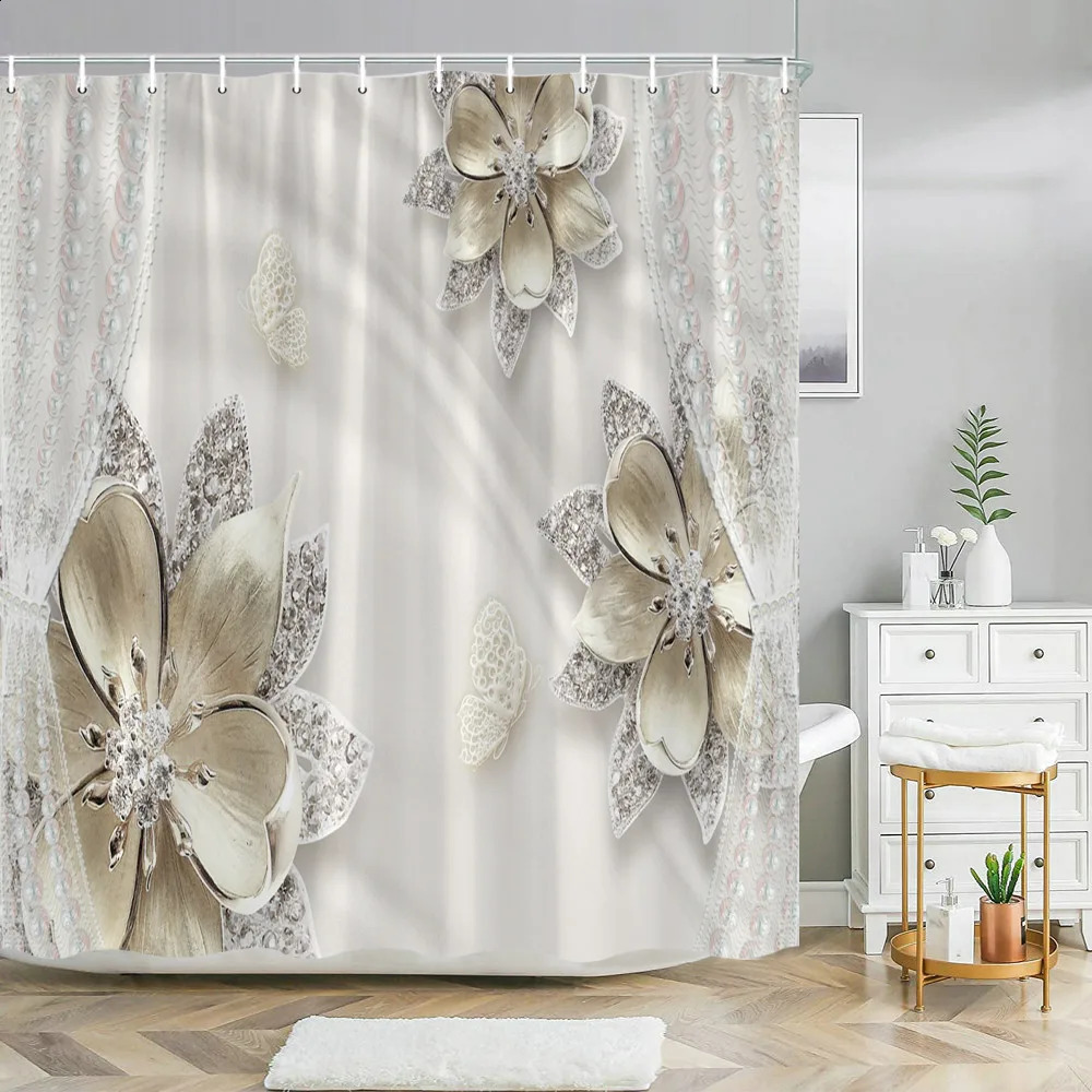 Elegant and stylish dreamy pearl and diamond Bouquet 3D style shower curtains with bathroom carpet set home bathroom decoration 240903bj