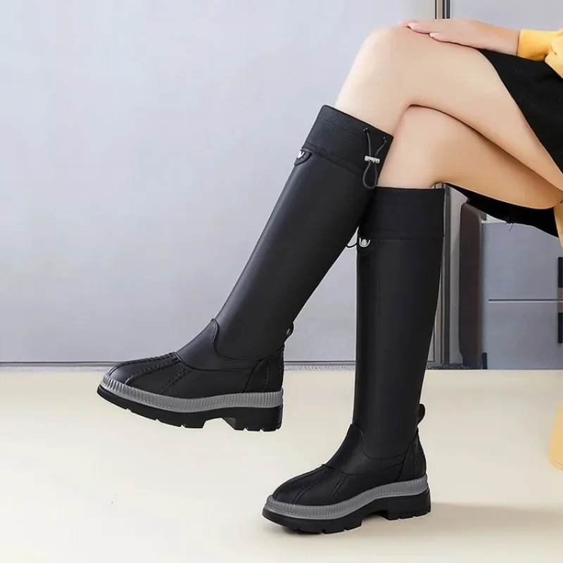 Rubber Women Platform Square Heel Comfort Black Card Over The Knee Boots Waterproof Street Style Footwear Lady 2024 2340