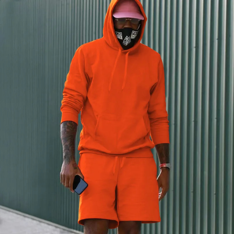 HoodedPants twopiece casual set mens Hooded long sleeved Pullover shorts sports top solid color Tracksuit 240903