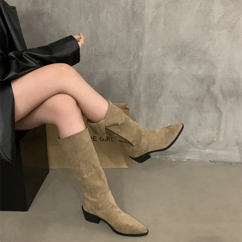 New New 2024 Woman Suede spring Sexy Thick-heeled Women's Riding Botas Warmth Non-slip High Shoes Buckle Boots of Women