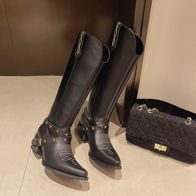 Embroidered New Western Cowboy Vintage Black Knight Chunky Heel Rock Women's Pointy Thigh-high Boots e8e1