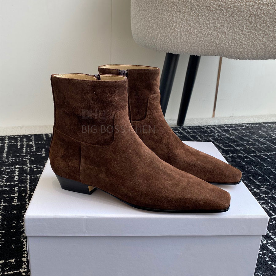 High quality brown Suede minimalism Khaite Ankle boots Low-heels Square toe leather Fashion Flat Knight Boots zip Combat boots womens Luxury designer boots Factory