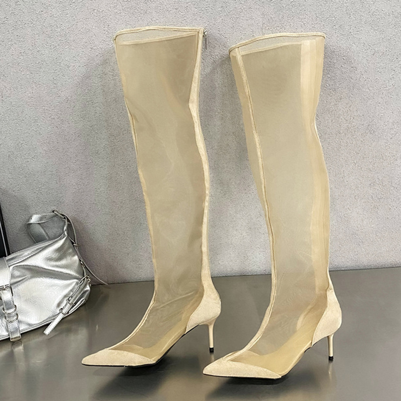 Liyke Sexy Pointed Toe Party Stripper Thigh High Boots Women Low Thin Heels Spring Autumn Zip Mesh Over The New Knee Shoes Booties