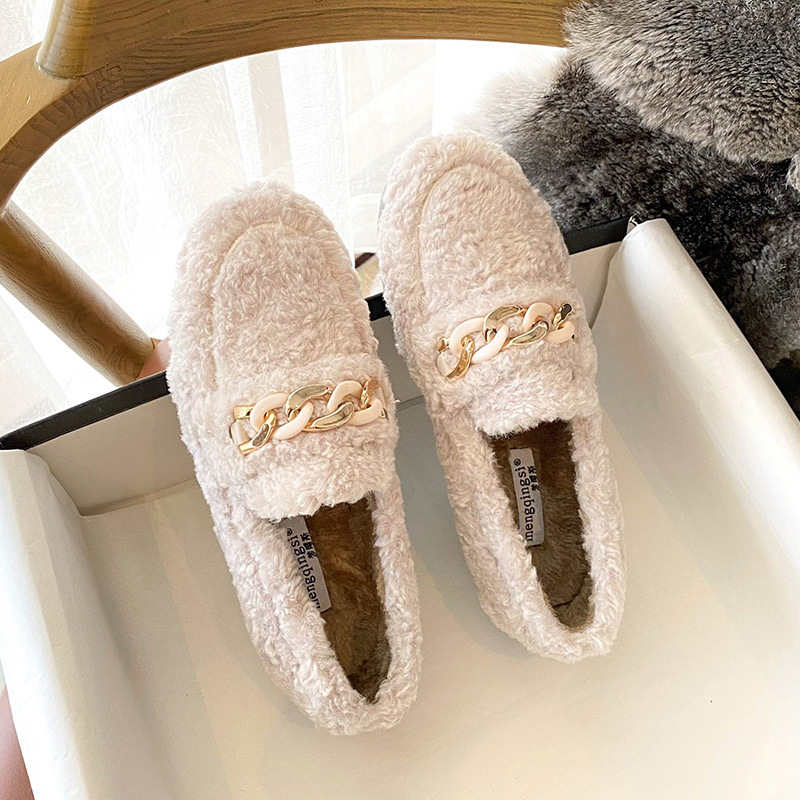 Designer Fur flats Lamb women metal chains platform fur moccasins ladies cozy plush cotton winter shoes furry loafers big size43
