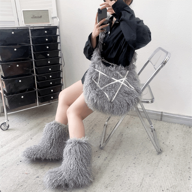 children Warm Women Shoes Female Plush Faux Fur Snow Bag Set Winter Mid-Calf High Boots Large size 2cd4