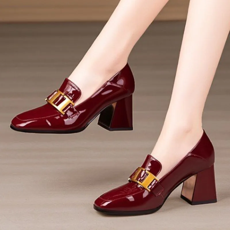 2025 new Pearl Women Pumps Black Patent Leather High Heels Fashion Square Toe Block Heel Thin Office Lady Slip-on Work Shoes 332e