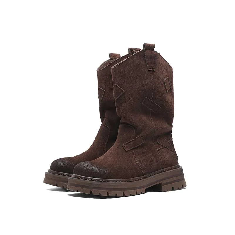 Western Women Retro Cowboy Boots Autumn New Mid-calf Round Toe Shoes Outdoor Non-slips Designer Botas Ankle Flats Muje
