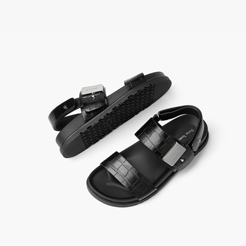 BEAUTODAY Leisure Sandals Women Solid Color Open Toe Metal Buckle Embossing Design 2024 Summer Beach Ladies Flats Handmade 34609