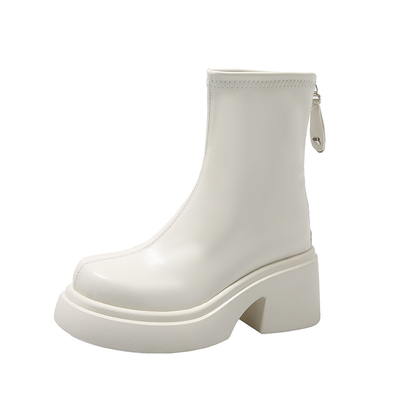 Style British Womens Short Boots Autumn Winter Soft Leather Platform Round Toe Back Zipper Chunky Heels Ankle Boot bfca