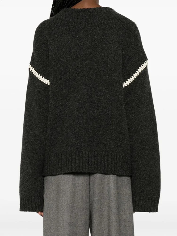 2024 Women Chic Solid O Neck Patchwork Sweater Casual Long Sleeves Loose Knitted Pullover Autumn Winter Lady Fashion Knitwear 240903