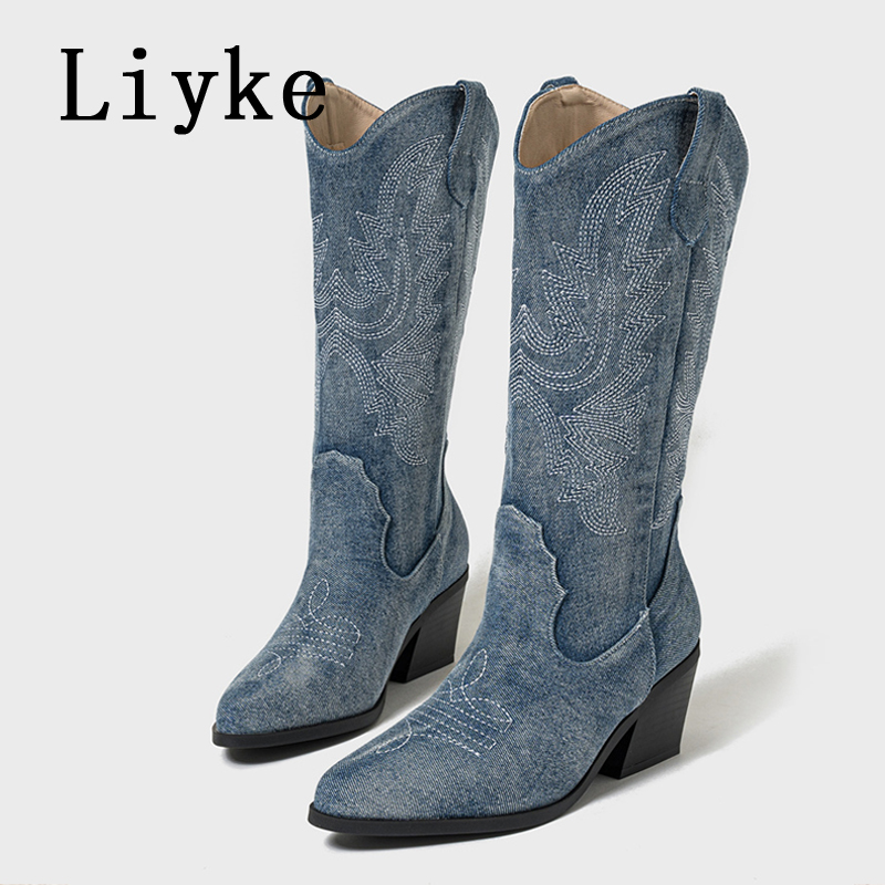 Liyke Designer Embroidery Denim Pointed Toe Slip On Western Cowboy Mid Calf Boots Women Low Hoof Heels Autumn Winter Shoes Blue