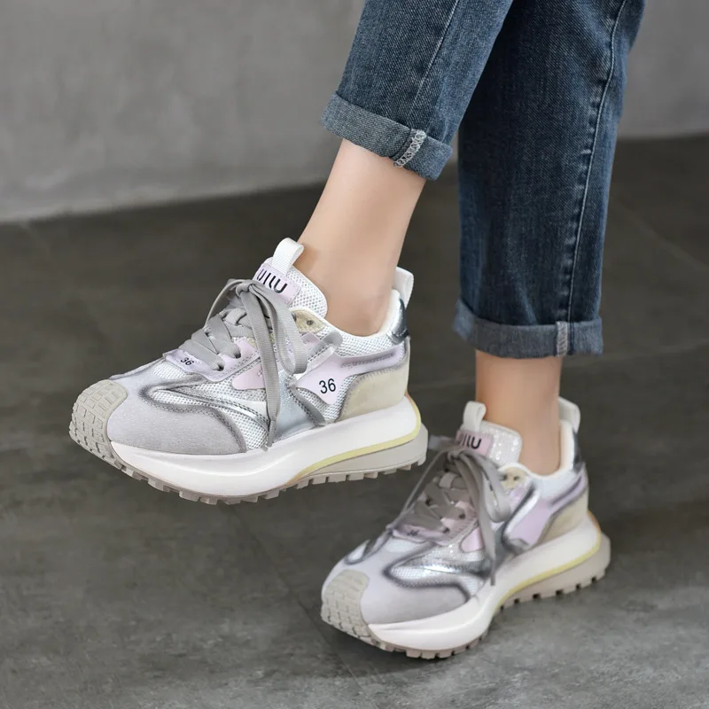Koznoy 4.5cm New Air Mesh Leather Pigskin Women Ankle Boots Fashion Chunky Sneaker Comfy Flats Booties Mixed Color Summer Shoes