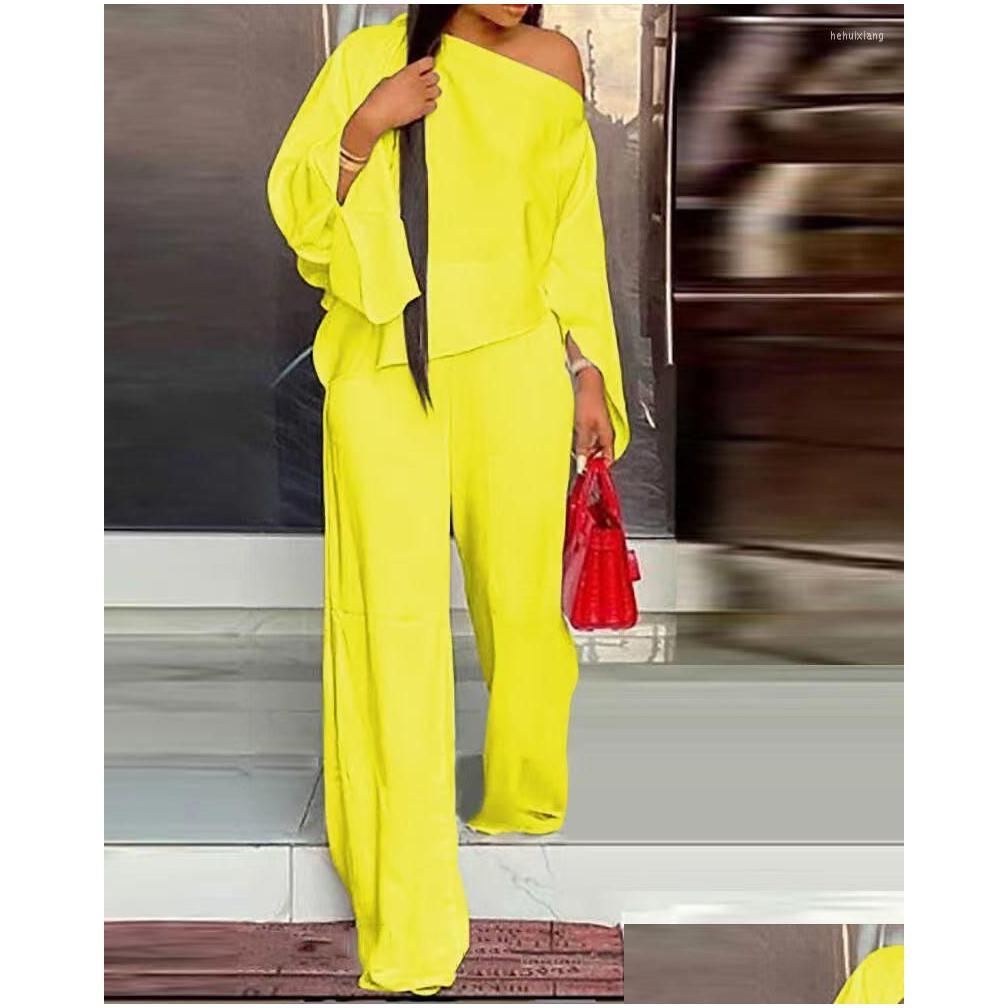 Womens Two Piece Pants Fashion Women Casual Street Style Long Sleeve Card Shoder Top Elastic Set Wholesale Drop Delivery Apparel Cloth Otj12