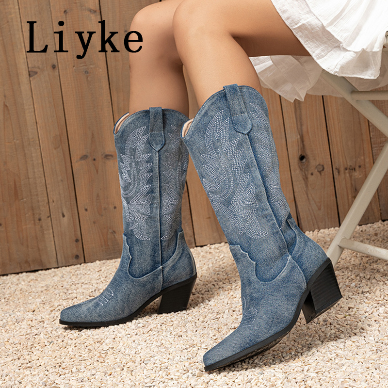 Liyke Designer Embroidery Denim Pointed Toe Slip On Western Cowboy Mid Calf Boots Women Low Hoof Heels Autumn Winter Shoes Blue