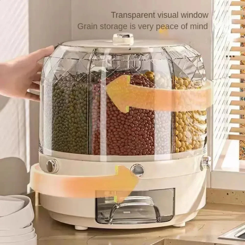 Kitchen Storage Box 360 Degree Rotating Rice Dispenser Sealed Dry Cereal Grain Bucket Moistureproof Food Container y240903