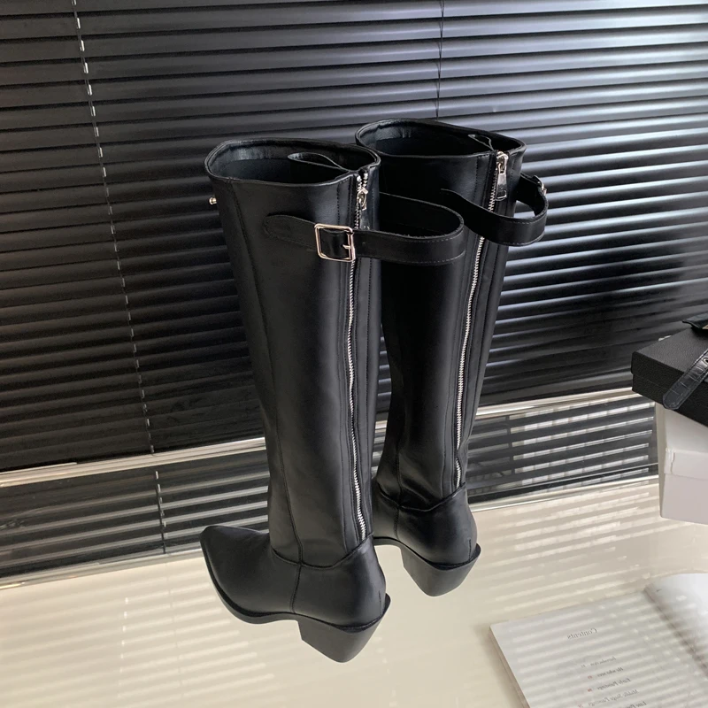 2024 Winter Belt Buckle Pointed Toe Women Knee-High Boots Fashion Vintage Square Low Heels Ladies Shoes