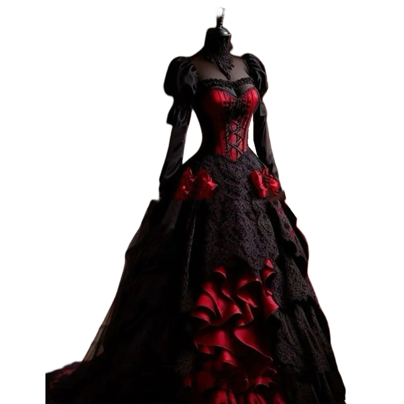 Gothic Black And Red Evening Dresses Long Sleeves Lace And Satin Tiered A Line Medieval Prom Dress For Women 2025 Ruffles High Neck Corset Masquerade 
