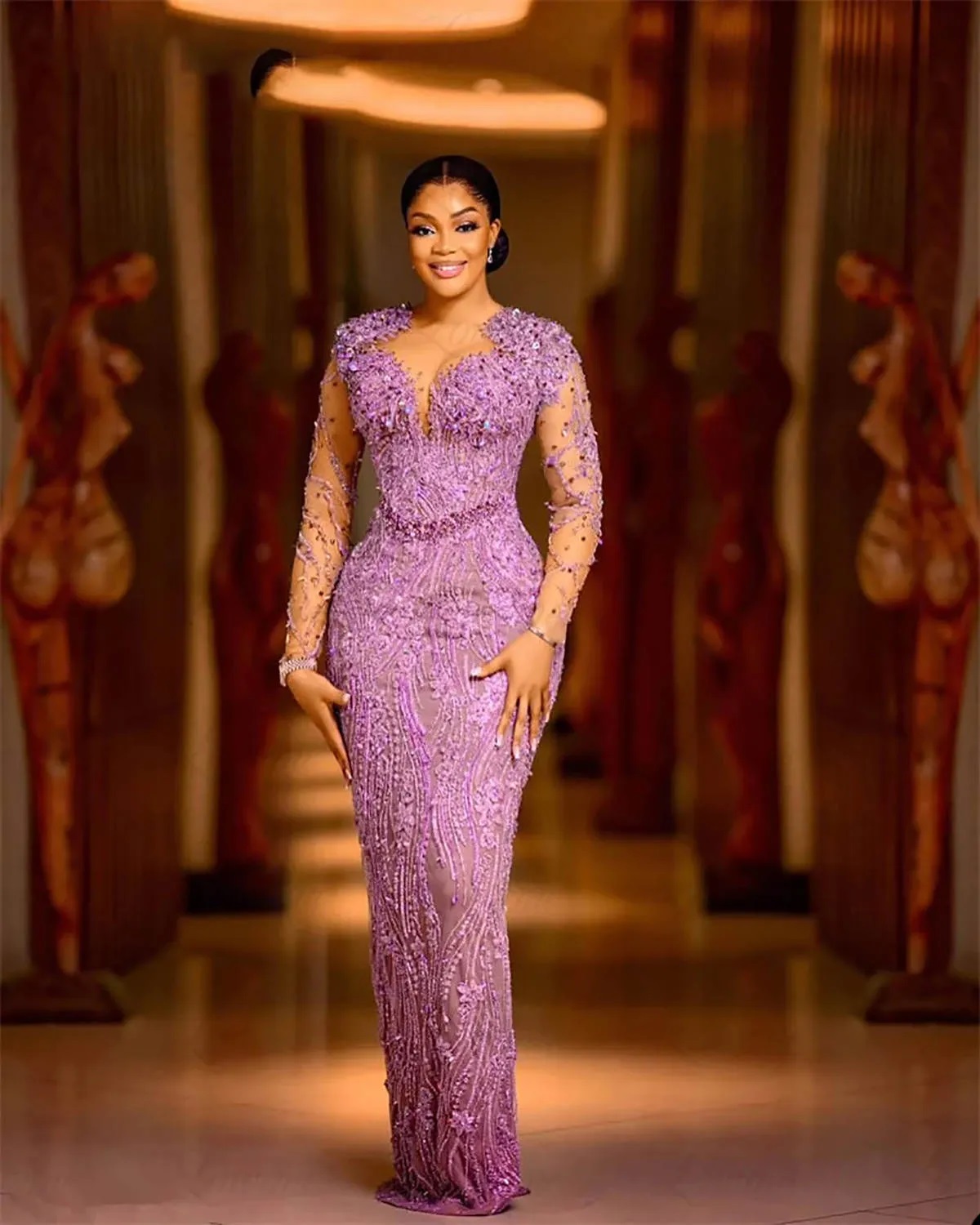 2024 Lanvender Plus Size Prom Dresses For Special Ocns Promdress Sheer Neck Long Sleeves Beaded Lace Birthday Party Dress Second Reception Gowns Am158