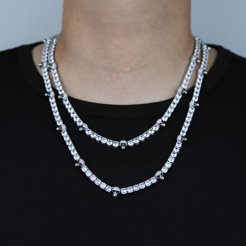 New Fashion 5mm Moissanite dias Tennis Chain with Cool Skull Pendant Long Necklace for Men Women Boy Hip Hop Jewelry Gift