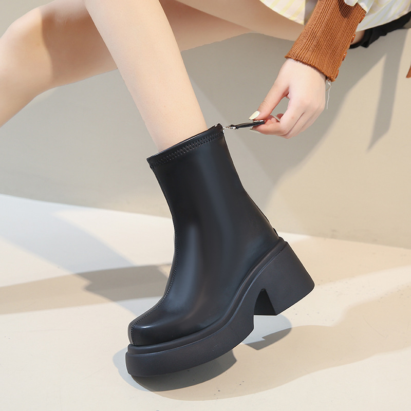 Style British Womens Short Boots Autumn Winter Soft Leather Platform Round Toe Back Zipper Chunky Heels Ankle Boot bfca