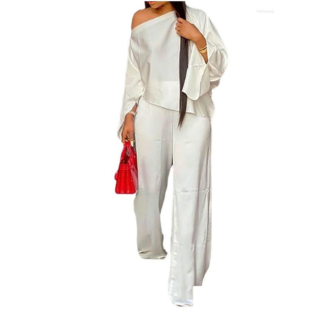 Womens Two Piece Pants Fashion Women Casual Street Style Long Sleeve Card Shoder Top Elastic Set Wholesale Drop Delivery Apparel Cloth Otj12