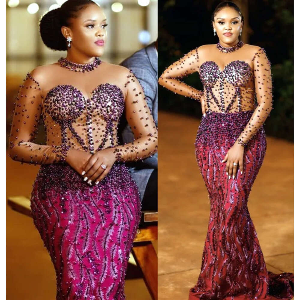 Ebi Bury Aso Arabic Mermaid Prom Dresses Pearls Sequined Lace Evening Formal Party Second Reception Birthday Engagement Gowns Dress ZJ 6660306