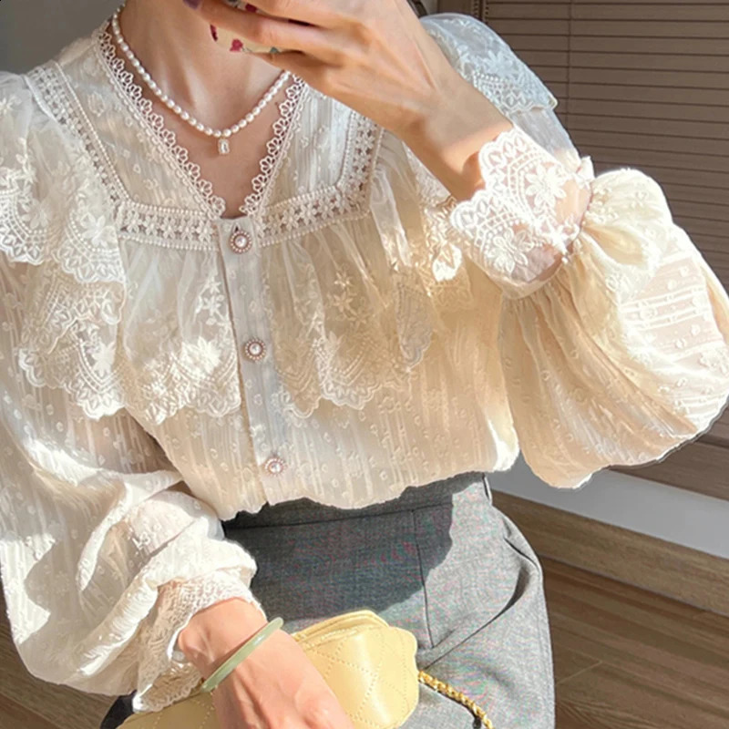 Vintage French Womens Shirt Lace Lolita Elegant Long Sleeve Flounce High Quality Office Fashion Top 240814