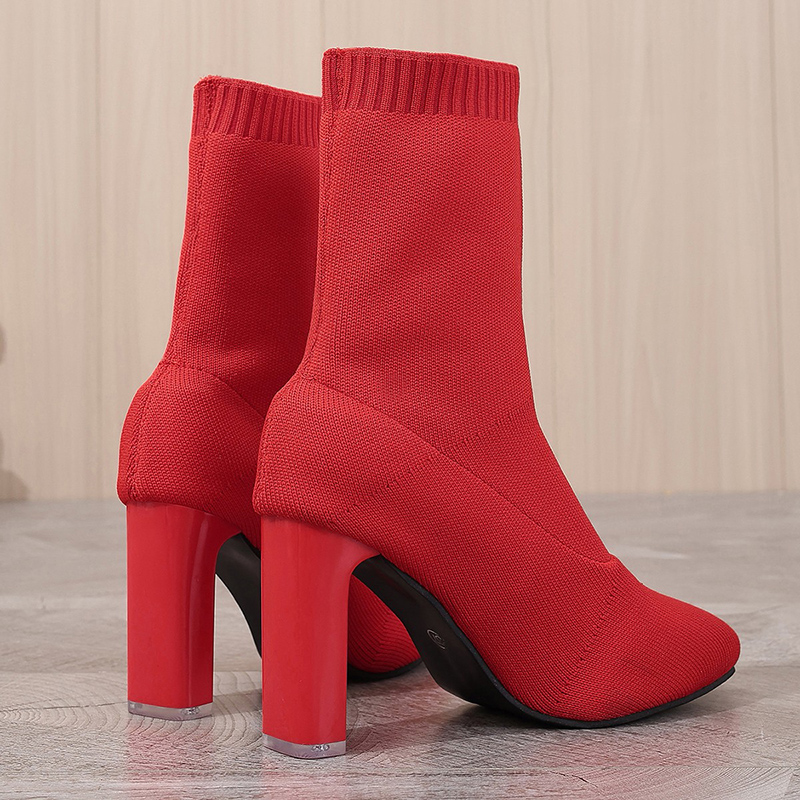 Knitted Breathable Mesh Women Ankle Boots Fashionable Point Toe High Pumps 2024 Autumn Slip On Thick Bottom Short Boot bee9