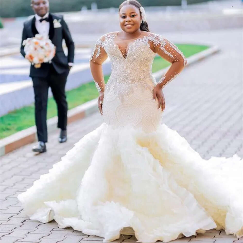 Aso Oct Ebi Arabic Plus Size Ivory Mermaid Wedding Beaded Sequined Lace Bridal Gowns Dress ZJ 6660306