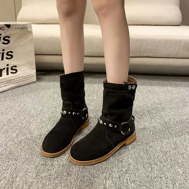 New 2024 Women Leather Ankle Thick Low Heels Pointed Toe Western Cowboy Boots Warm Autumn Winter Short Shoes Woman 6ae6