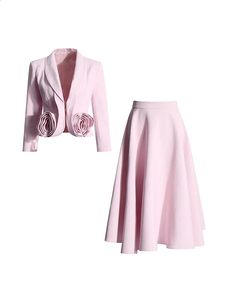 Formal Spliced Appliques Two Piece Set For Women V Neck Long Sleeve Top High Waist Midi Skirt Chic Sets Female Spring Clothing 251022