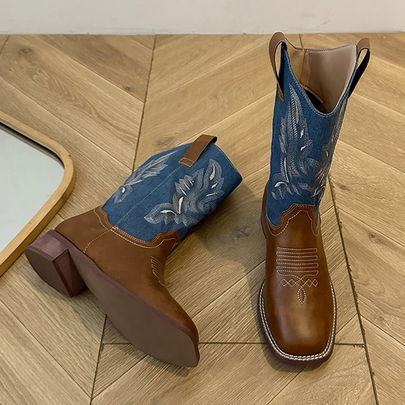 2024 Autumn Western Cowboy Women's Patchwork Mid Calf Chunky Heel Classics Embroidered Slip On Faux Leather Boots f8f1