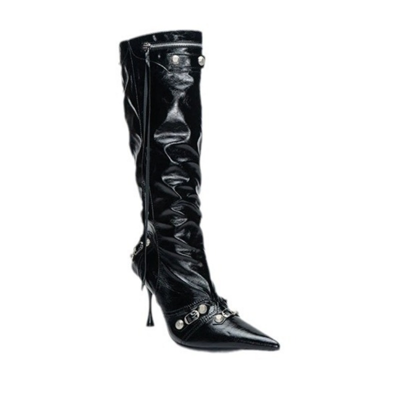 Women's Boots 2024 Autumn Winter New Metal Decoration Knight Boots High Heels Pointed Tassel with Knee Fashion Boots Botas Mujer