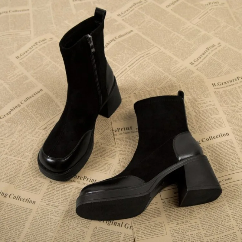 Winter 2024 High Heels Sexy Women Chunky Ankle Boots Fashion New Toe Zipper Goth Pumps Brand Shoes 310c