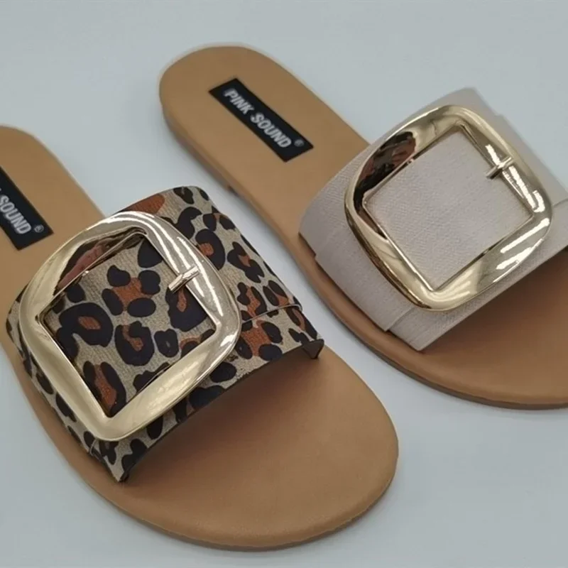 New Fashion One-word Buckle Slippers Women's Leopard Print Square Root Flat Slippers Luxury Sandals Women Designers