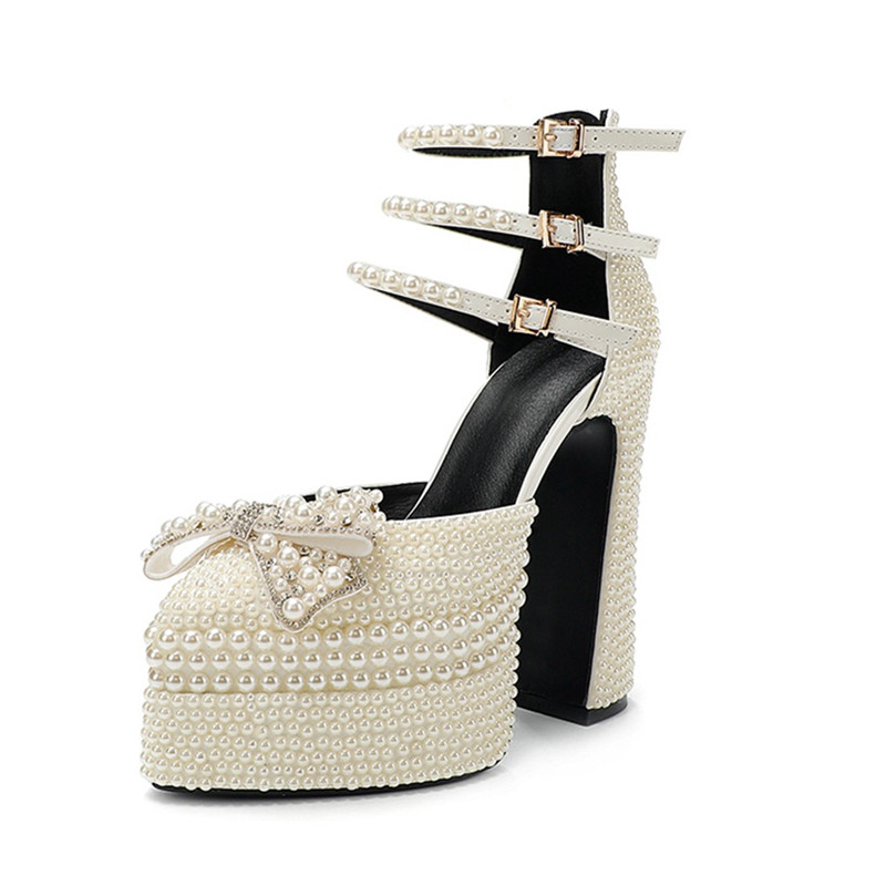 Handmade Pearls Full Rhies Bowknot Women Pumps Fashion Ankle Strap Platform Wedges High heels Banquet Wedding Shoes 544a 35f4