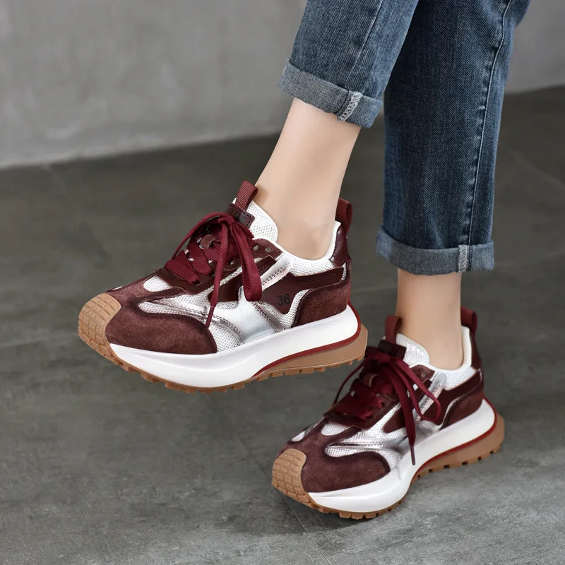 Koznoy 4.5cm New Air Mesh Leather Pigskin Women Ankle Boots Fashion Chunky Sneaker Comfy Flats Booties Mixed Color Summer Shoes