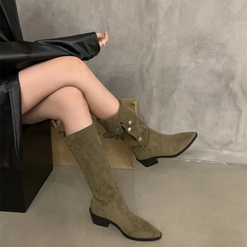 New New 2024 Woman Suede spring Sexy Thick-heeled Women's Riding Botas Warmth Non-slip High Shoes Buckle Boots of Women