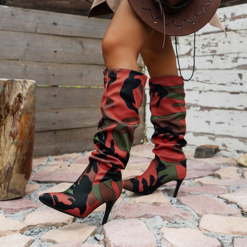 Fashion Brand Spring 2024 New Camouflage High Heels Women Shoe Personality Mid rise Boot 20c6